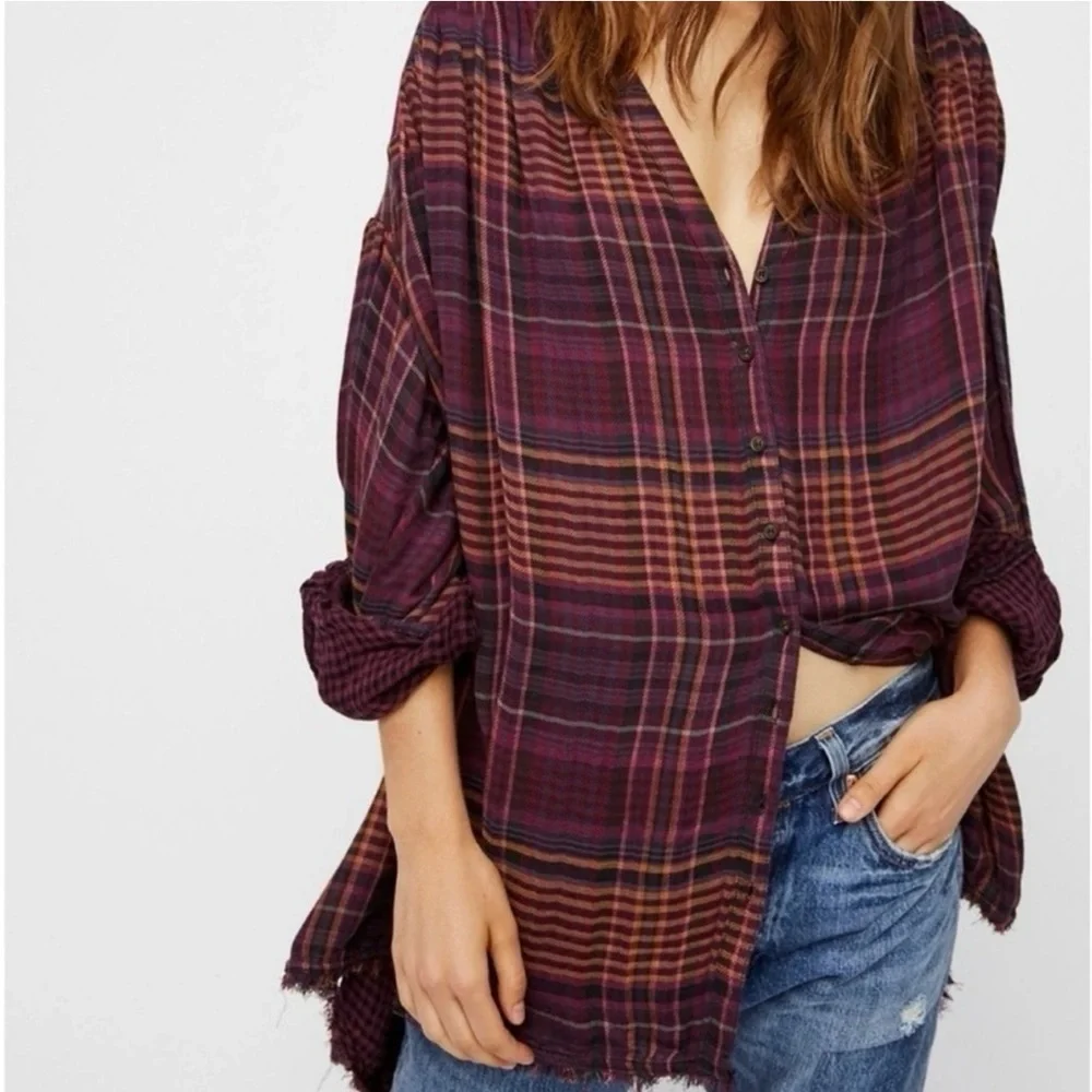Free People Come On Over Plaid Tunic Swing Plaid Button Down XS Boho Fall